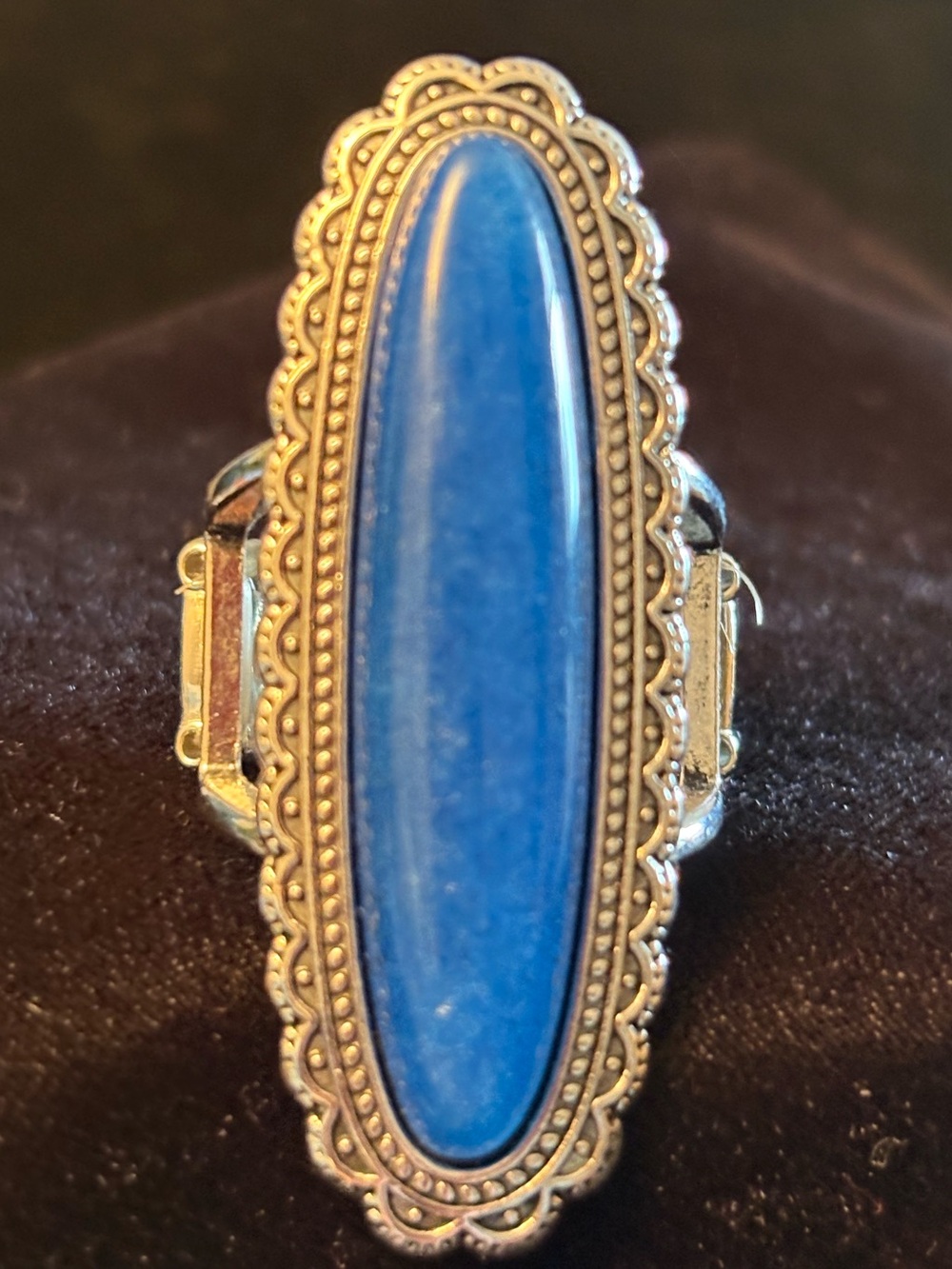Long Blue Oval Stone Silver-Tone Statement Ring